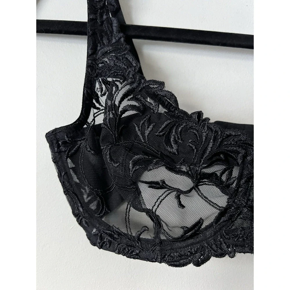 Soma Embroidery Selena Unlined Bra Size 32D Sheer Floral Black Sexy NWT